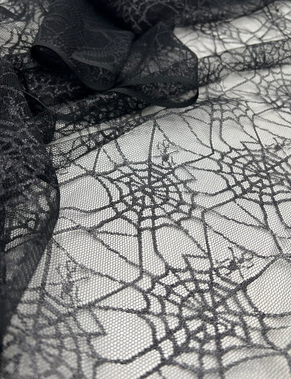 Dark Grey Black Cobweb Halloween Print Mesh Fabric Stretch
