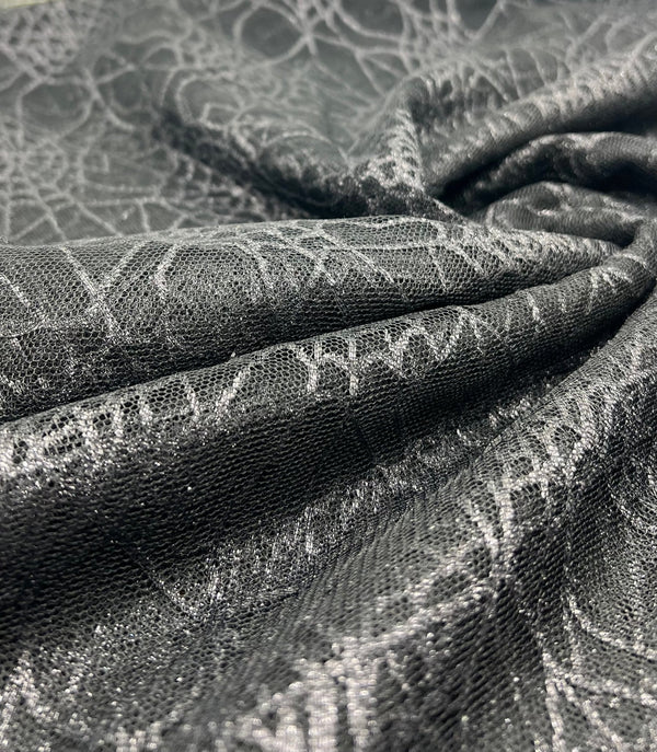 Dark Grey Black Cobweb Halloween Print Mesh Fabric Stretch