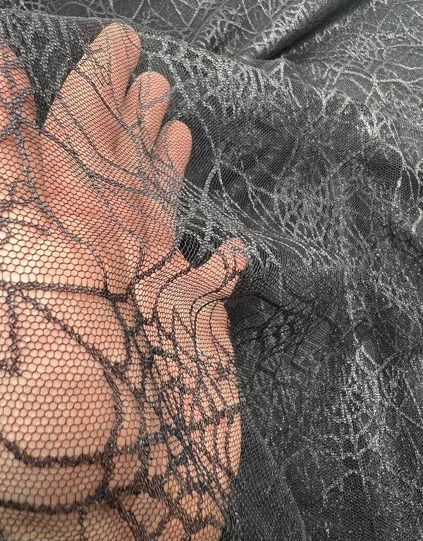 Dark Grey Black Cobweb Halloween Print Mesh Fabric Stretch