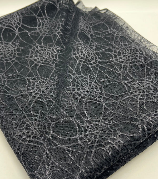 Dark Grey Black Cobweb Halloween Print Mesh Fabric Stretch