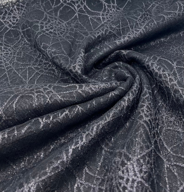 Dark Grey Black Cobweb Halloween Print Mesh Fabric Stretch