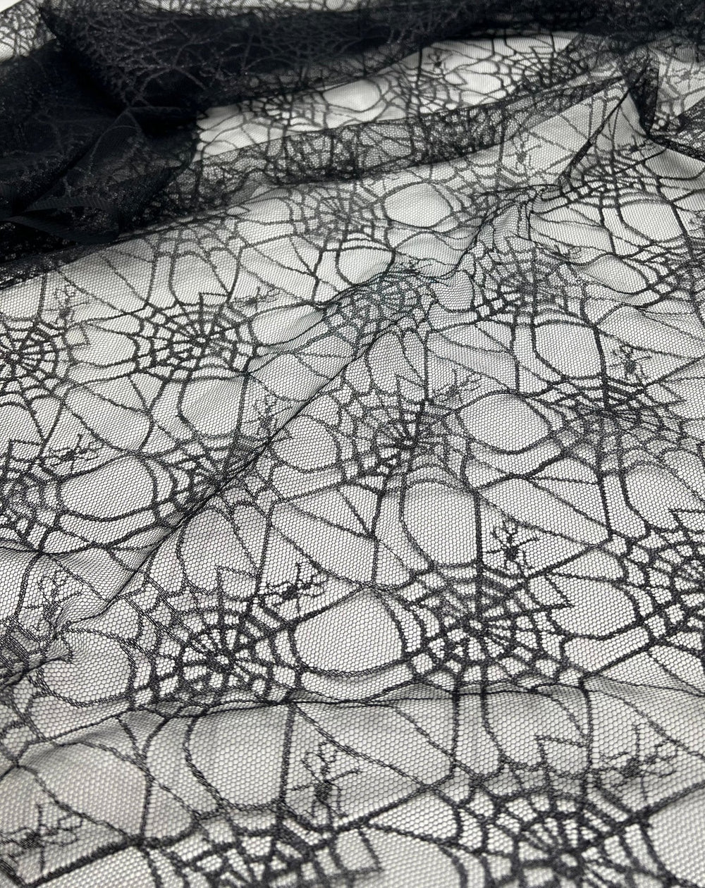 Dark Grey Black Cobweb Halloween Print Mesh Fabric Stretch