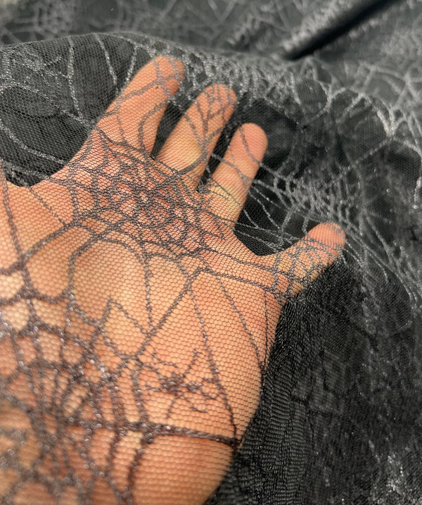 Dark Grey Black Cobweb Halloween Print Mesh Fabric Stretch