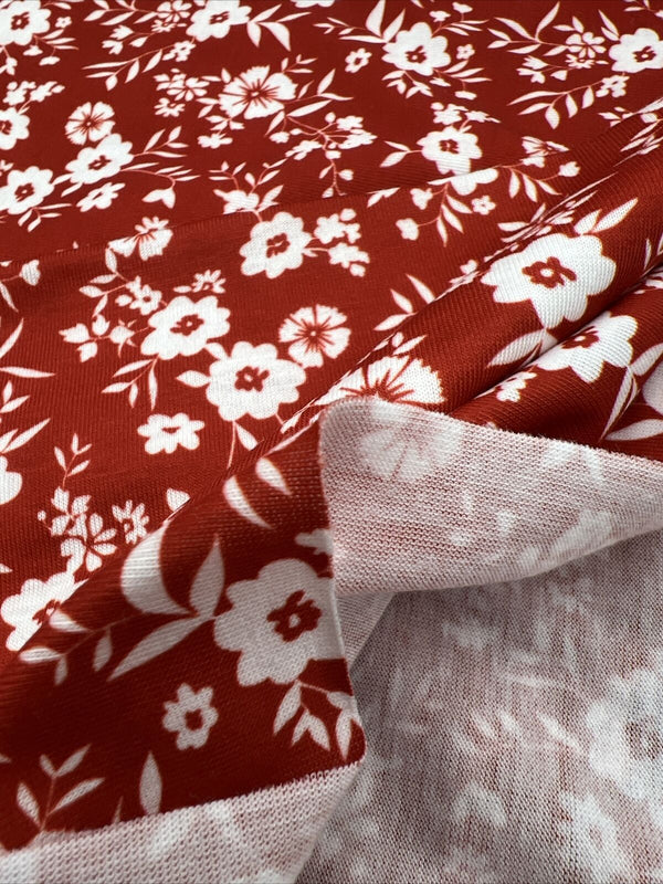 Dark Red Ditsy Floral Print Spun Poly Stretch Fabric