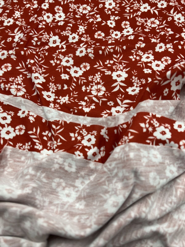 Dark Red Ditsy Floral Print Spun Poly Stretch Fabric