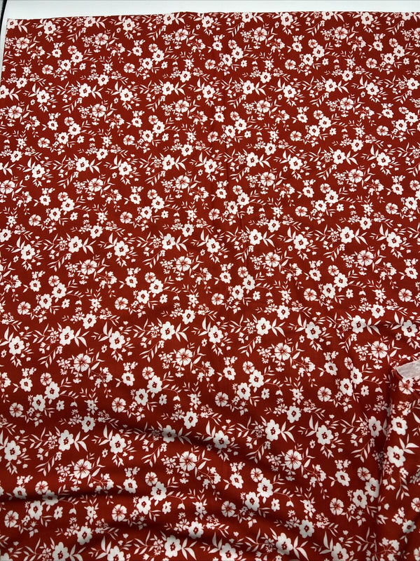 Dark Red Ditsy Floral Print Spun Poly Stretch Fabric