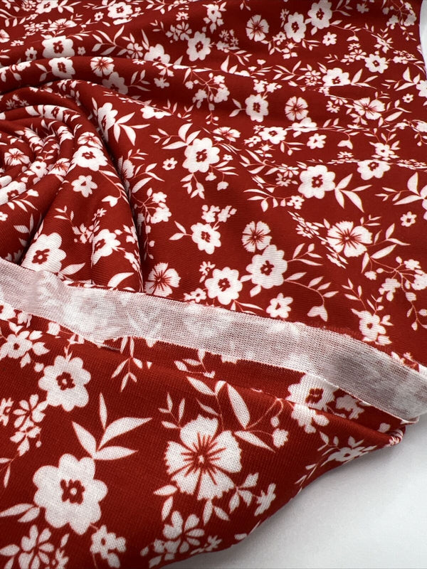 Dark Red Ditsy Floral Print Spun Poly Stretch Fabric