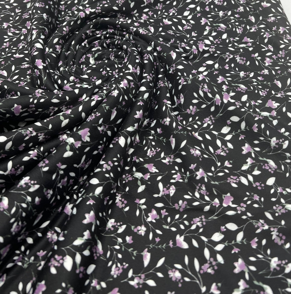 Delicate Violet Floral Print Spun Poly Stretch Fabric