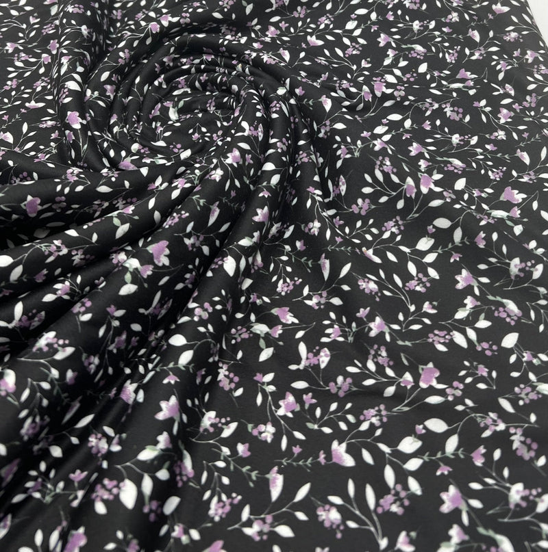 Delicate Violet Floral Print Spun Poly Stretch Fabric