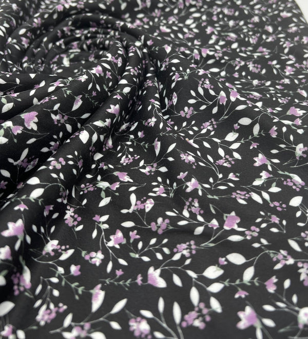 Delicate Violet Floral Print Spun Poly Stretch Fabric