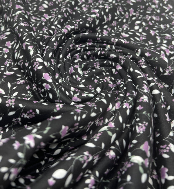 Delicate Violet Floral Print Spun Poly Stretch Fabric
