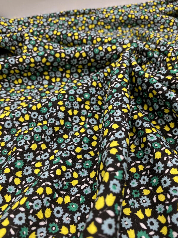 Ditsy Green & Yellow On Black Floral Print Viscose Elastane Fabric