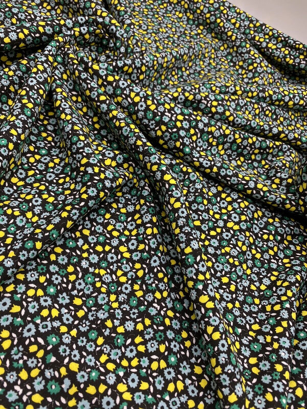 Ditsy Green & Yellow On Black Floral Print Viscose Elastane Fabric