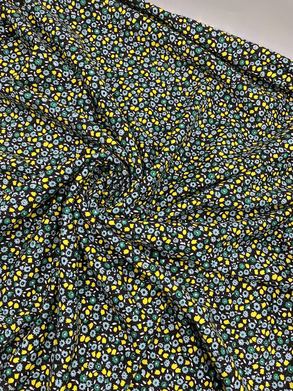 Ditsy Green & Yellow On Black Floral Print Viscose Elastane Fabric