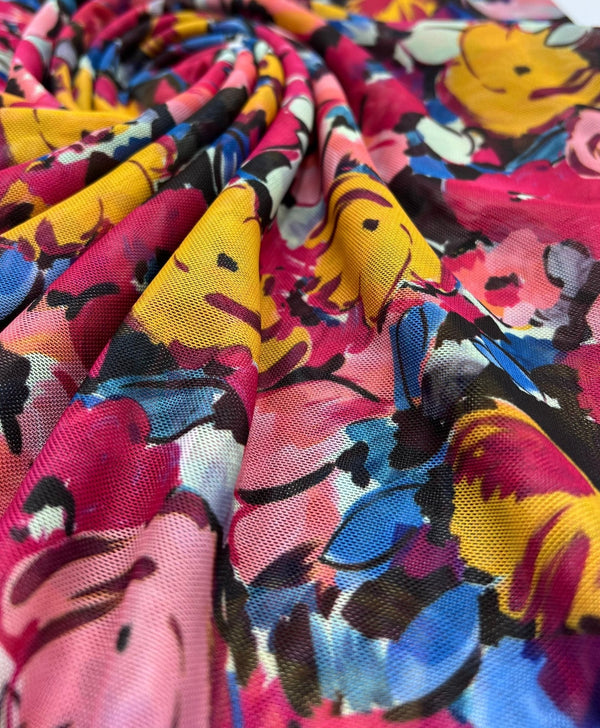 Multi coloured Floral Mesh Fabric Stretch