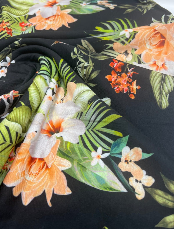 Floral Orange Print Spun Poly Stretch Fabric