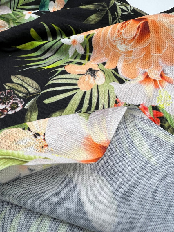 Floral Orange Print Spun Poly Stretch Fabric