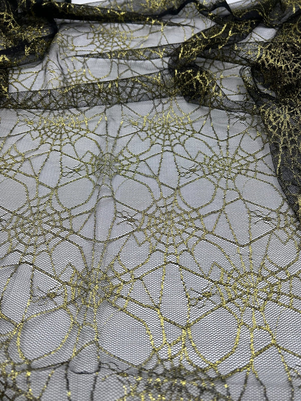 Gold Black Cobweb Halloween Print Mesh Fabric Stretch