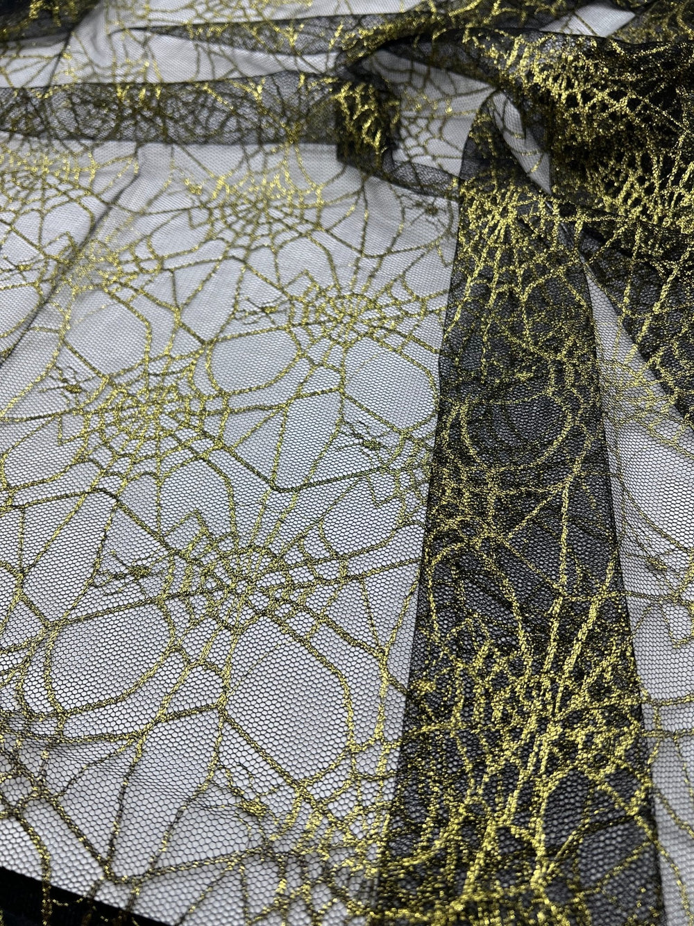 Gold Black Cobweb Halloween Print Mesh Fabric Stretch