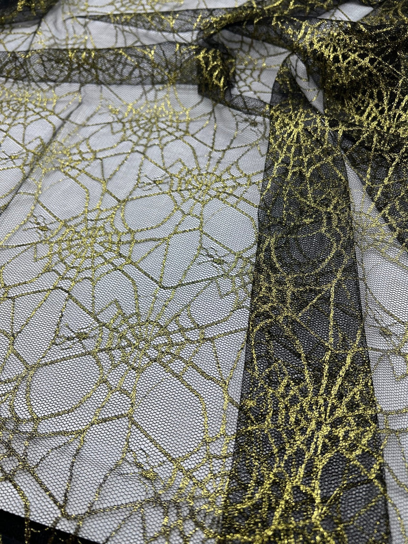 Gold Black Cobweb Halloween Print Mesh Fabric Stretch