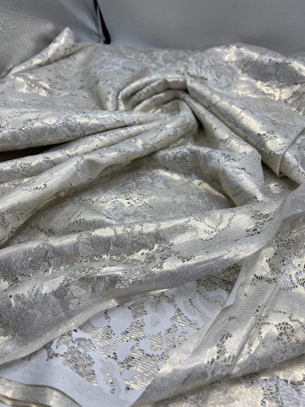 Gold Foil Finish White Floral Lace Fabric Stretch