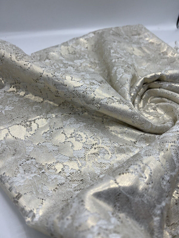 Gold Foil Finish White Floral Lace Fabric Stretch