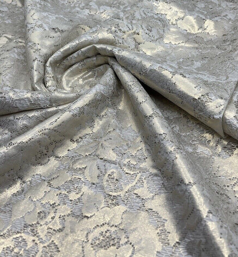 Gold Foil Finish White Floral Lace Fabric Stretch