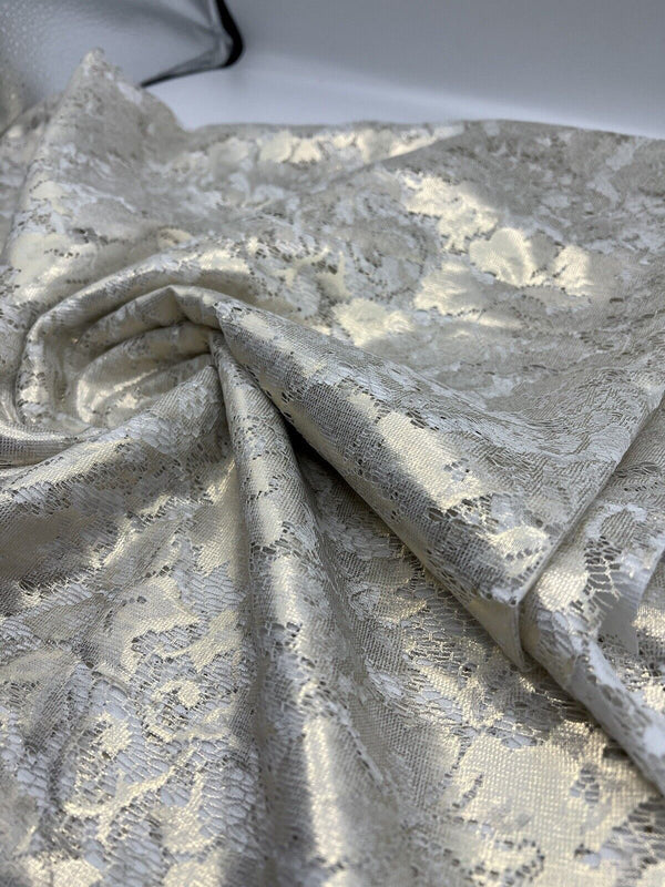 Gold Foil Finish White Floral Lace Fabric Stretch