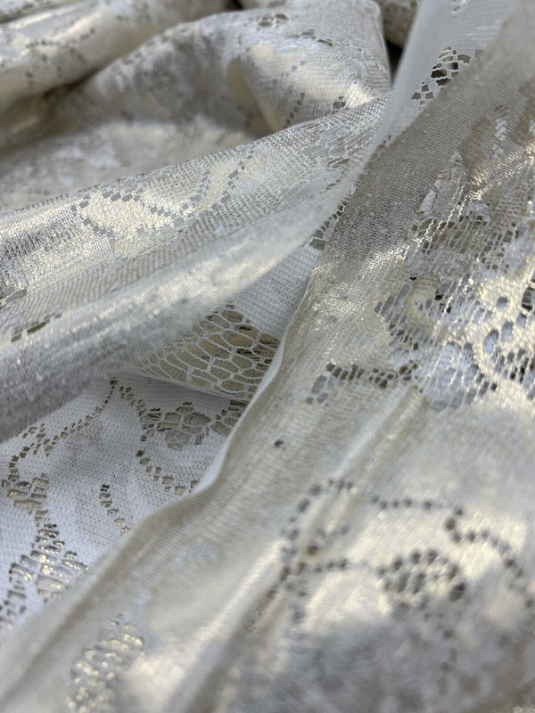 Gold Foil Finish White Floral Lace Fabric Stretch