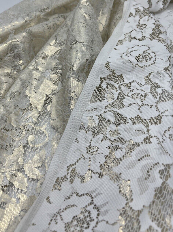 Gold Foil Finish White Floral Lace Fabric Stretch
