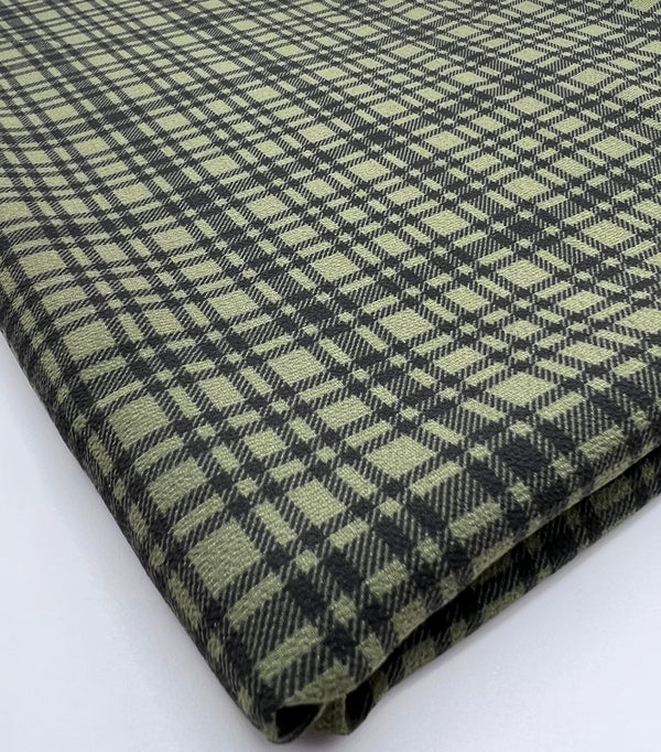Green Black Check Print Lightweight Bubble Crepe Fabric