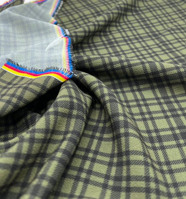 Green Black Check Print Lightweight Bubble Crepe Fabric