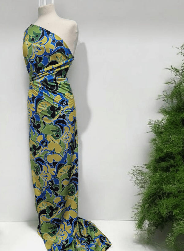 Green Blue Mix Print Spun Poly Stretch Fabric