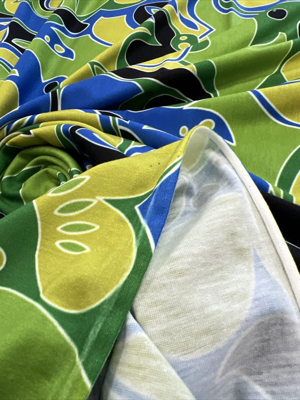 Green Blue Mix Print Spun Poly Stretch Fabric