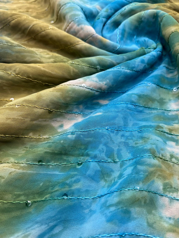 Green Blue Sequin Lightweight Non Stretch Woven Fabric