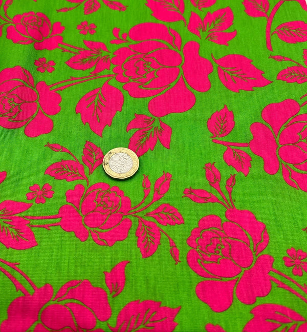 Green Cerise Floral Print Spun Poly Stretch Fabric