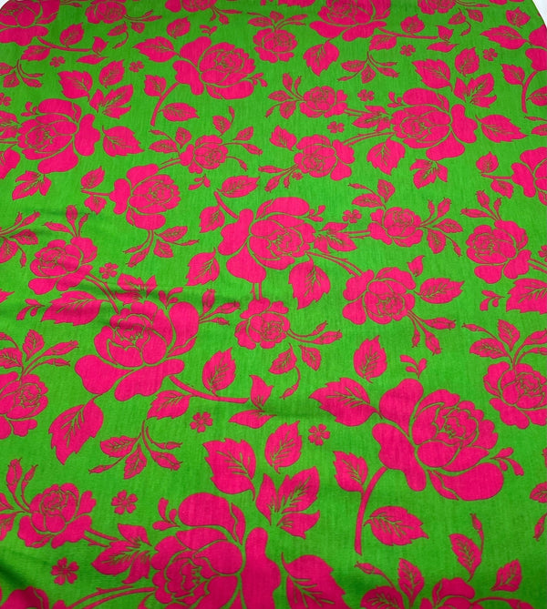 Green Cerise Floral Print Spun Poly Stretch Fabric