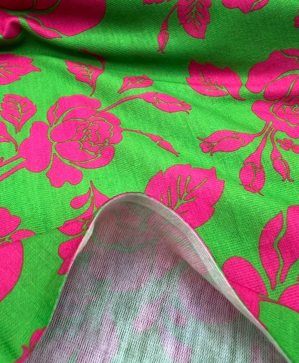 Green Cerise Floral Print Spun Poly Stretch Fabric
