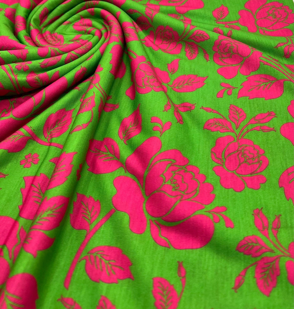 Green Cerise Floral Print Spun Poly Stretch Fabric