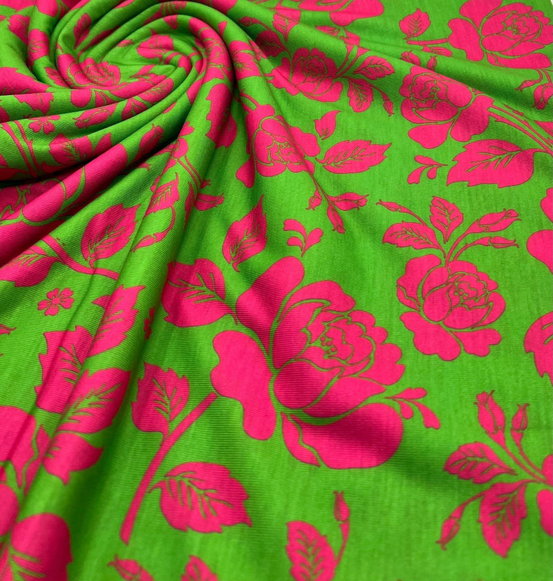 Green Cerise Floral Print Spun Poly Stretch Fabric