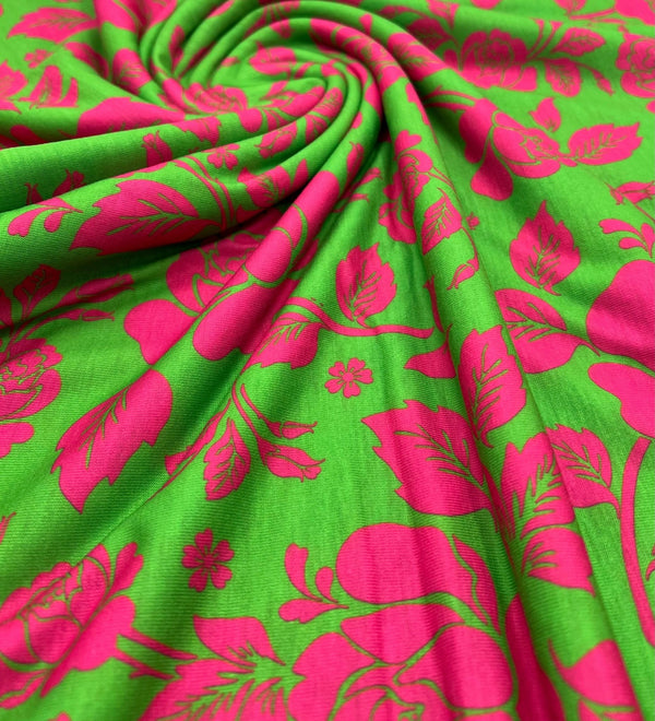 Green Cerise Floral Print Spun Poly Stretch Fabric