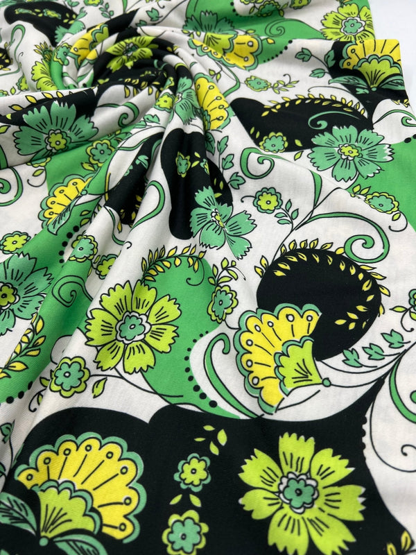 Green Floral Funky Print Spun Poly Stretch Fabric