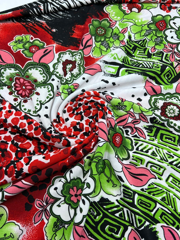 Green Floral Mix Print Soft Touch 4 Way Stretch Fabric