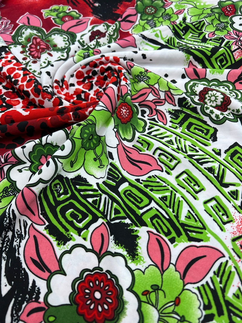 Green Floral Mix Print Soft Touch 4 Way Stretch Fabric