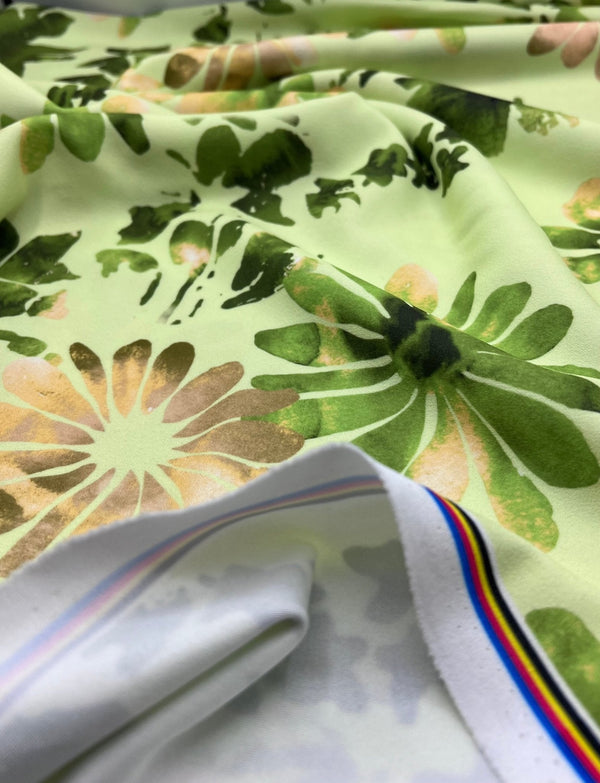 Lime Green Floral Printed Scuba Crepe Jersey Fabric 4 Way Stretch