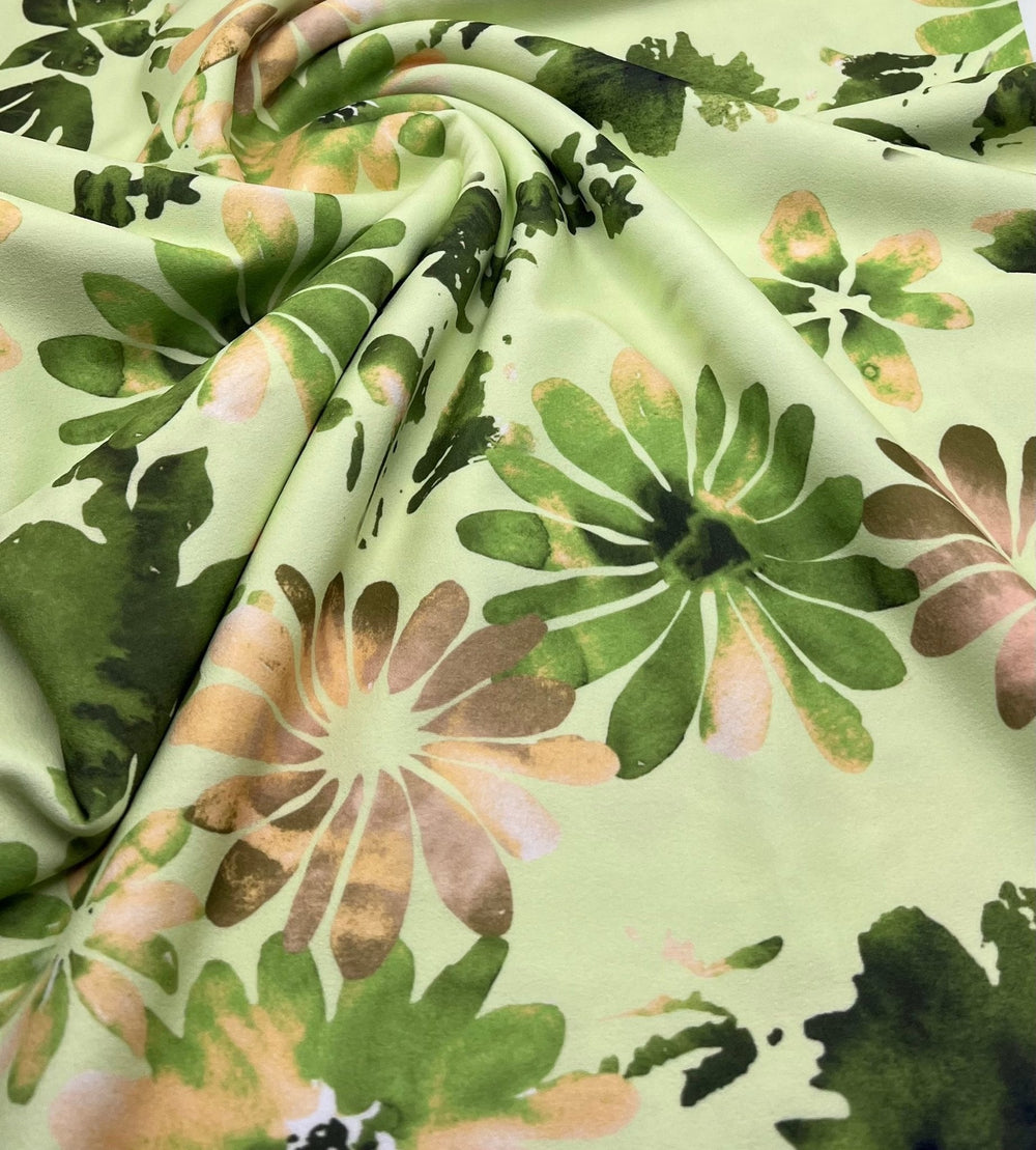 Lime Green Floral Printed Scuba Crepe Jersey Fabric 4 Way Stretch