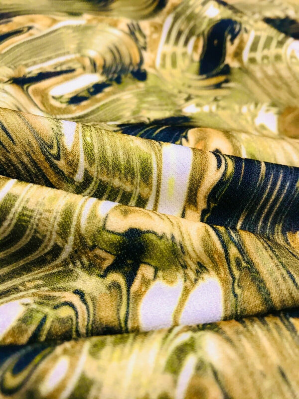 Green Gold Multi Print Lightweight Jersey Crepe Fabric 4 Way Stretch