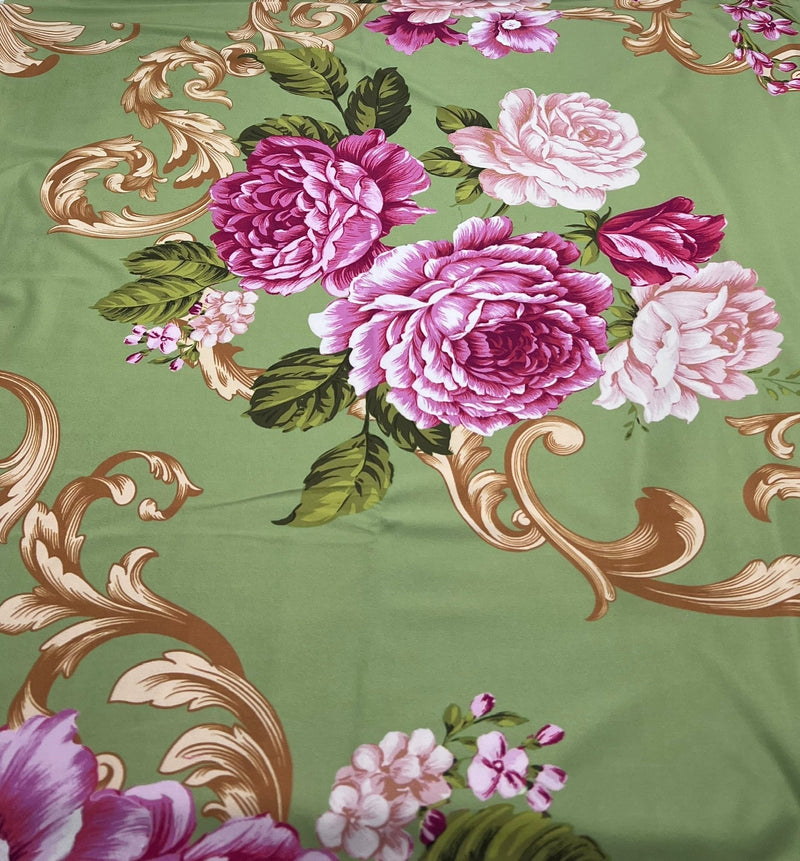 Green Gold Rose Print Soft Touch Stretch Fabric