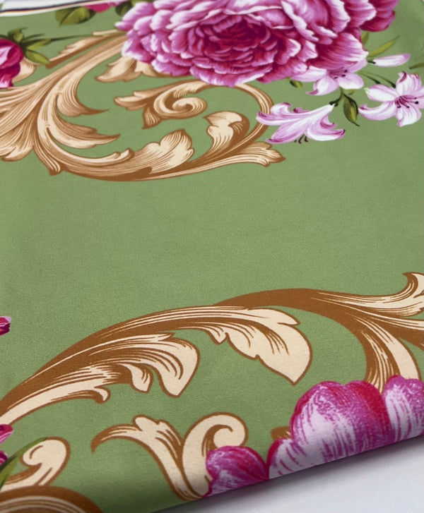 Green Gold Rose Print Soft Touch Stretch Fabric