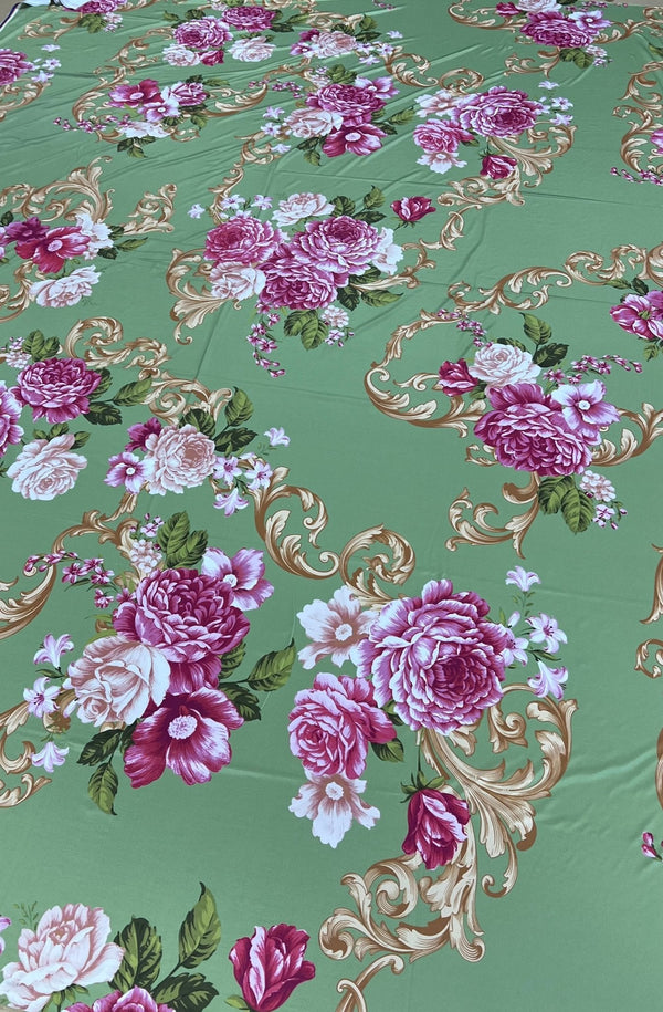Green Gold Rose Print Soft Touch Stretch Fabric